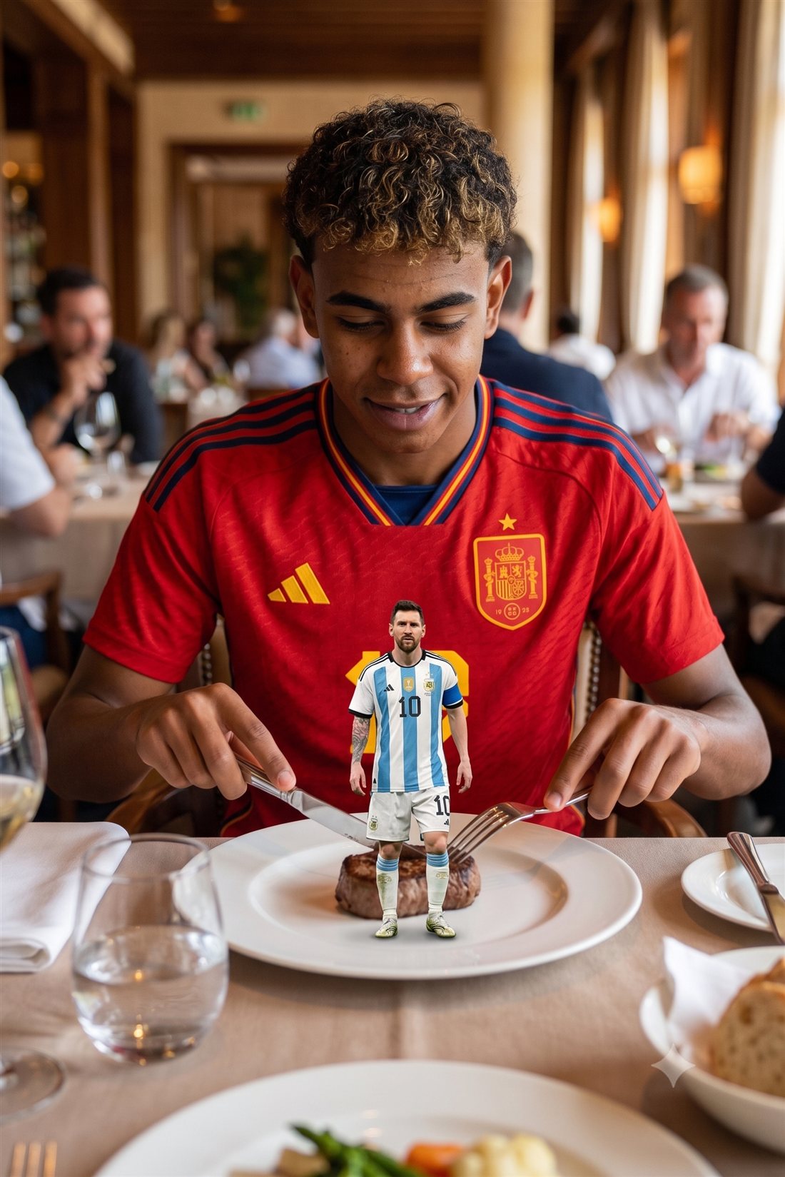 Lamine Yamal, com a camisa vermelha da seleção da Espanha, sentado à mesa de um restaurante, de garfo e faca, prestes a almoçar uma versão em miniatura de Messi (com a camisa da seleção da Argentina) servida em pé sobre o prato.